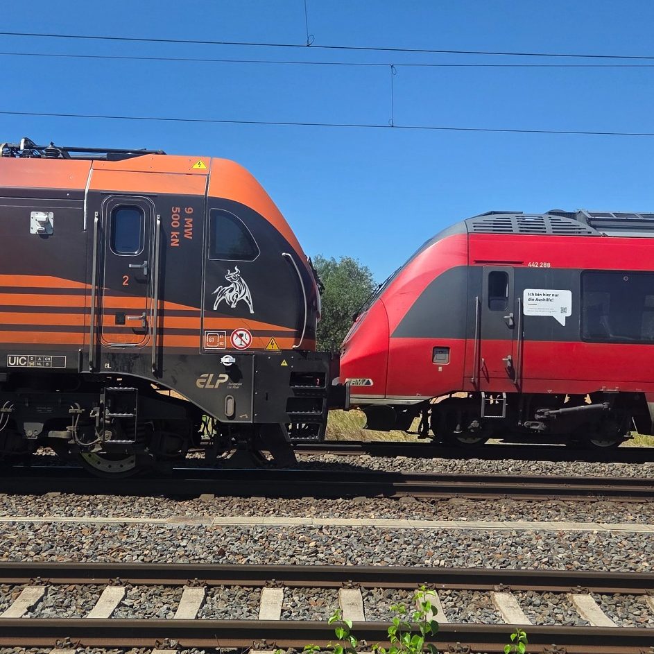 Zwei Züge stehen sich auf parallel verlaufenden Gleisen gegenüber.